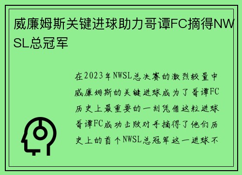 威廉姆斯关键进球助力哥谭FC摘得NWSL总冠军