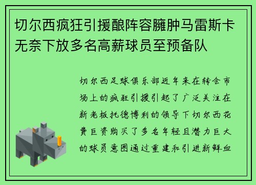 切尔西疯狂引援酿阵容臃肿马雷斯卡无奈下放多名高薪球员至预备队