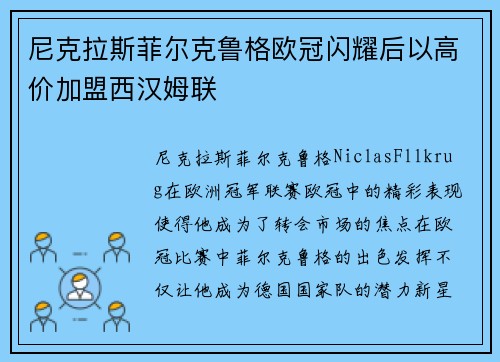 尼克拉斯菲尔克鲁格欧冠闪耀后以高价加盟西汉姆联